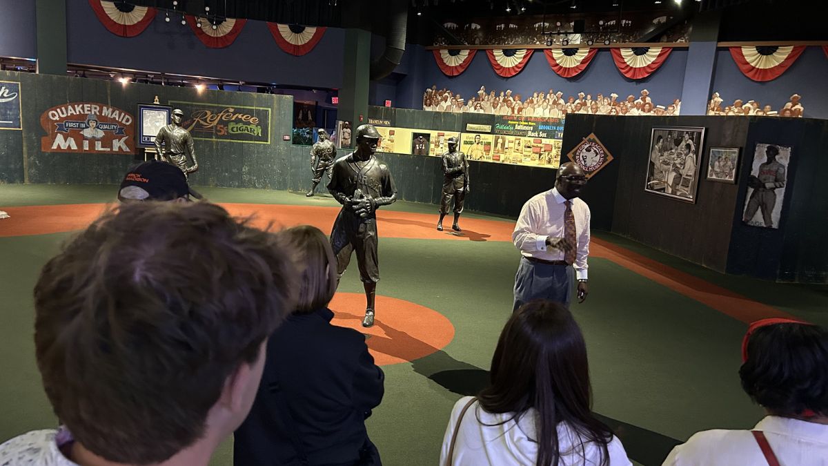The field exhibit with player statues at NLBM