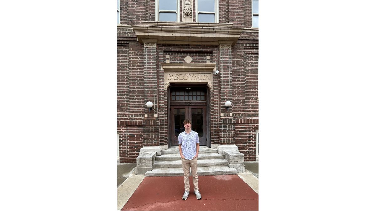 Carter at the Paseo YMCA entrance