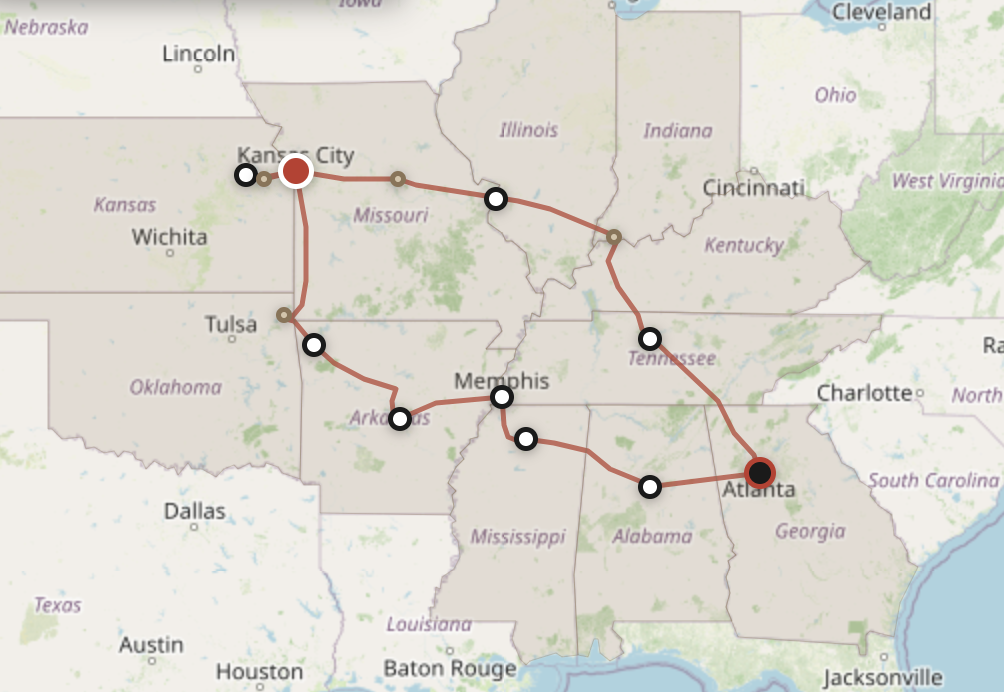 Expedition route map: Atlanta to Kansas City and back
